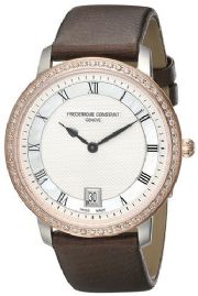 שעון לאישה יוקרתי פרדריק קונסטנט FREDERIQUE CONSTANT FC-220M4SD32 כסוף מוזהב משובץ יהלומים לוח לבן רצועה חומה