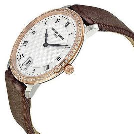 שעון לאישה יוקרתי פרדריק קונסטנט FREDERIQUE CONSTANT FC-220M4SD32 כסוף מוזהב משובץ יהלומים לוח לבן רצועה חומה