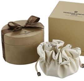 שעון לאישה יוקרתי פרדריק קונסטנט FREDERIQUE CONSTANT FC-220M4SD32 כסוף מוזהב משובץ יהלומים לוח לבן רצועה חומה